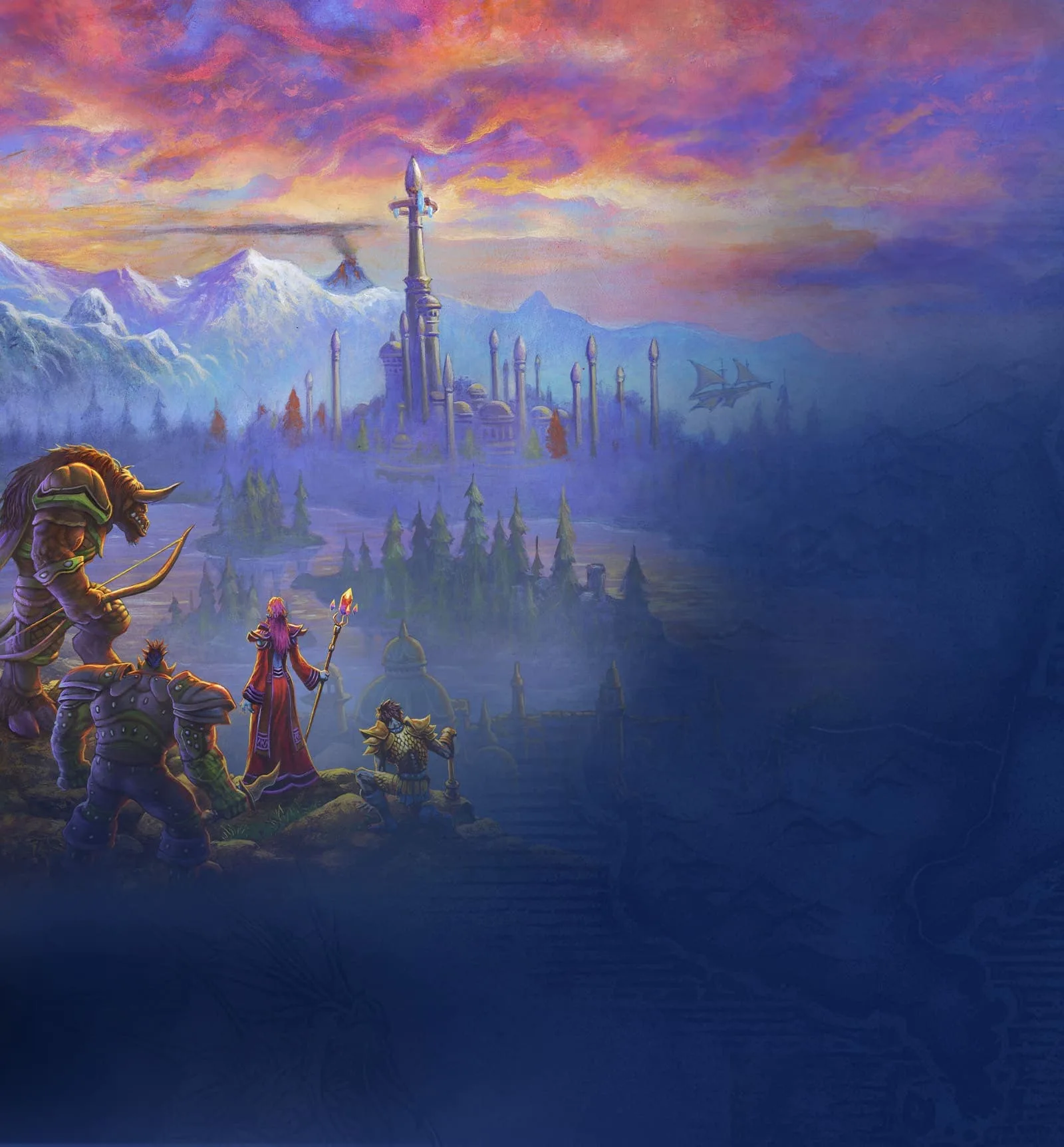 Adventurers looking toward a distant city beneath a colorful Azeroth sky